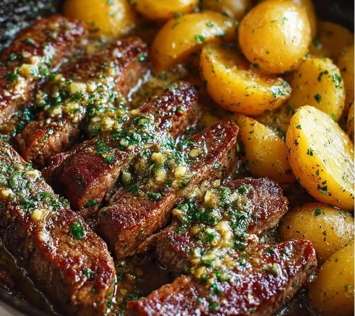 Sauté de Steak au Beurre à l’Ail accompagné de Pommes de Terre dorées