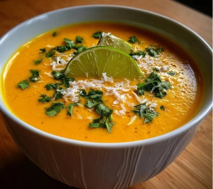 Soupe froide de carotte au lait de coco et citron vert dans un bol.