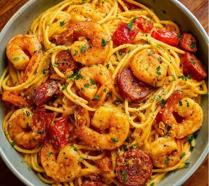 Spaghetti avec crème de poivron, chorizo, bœuf et crevettes dans une assiette.