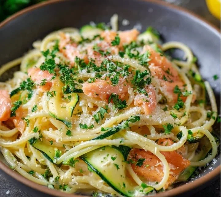 Spaghetti aux saumon fumé et courgette dans une assiette bleue