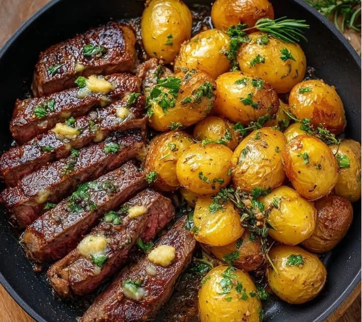 Steak au Beurre à l’Ail accompagné de Pommes de Terre dorées
