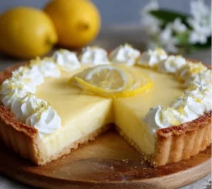 Tarte au Mascarpone et Citron avec une croûte dorée et des zestes de citron