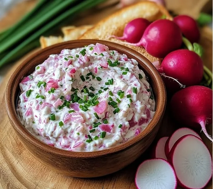 Tartinade de radis à la ciboulette servie sur du pain croustillant