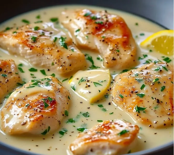 Filets de poulet cuits dans une sauce crémeuse au citron et à l'ail