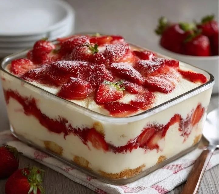 Tiramisu aux fraises, un dessert sucré et crémeux à base de fraises fraîches et de café.