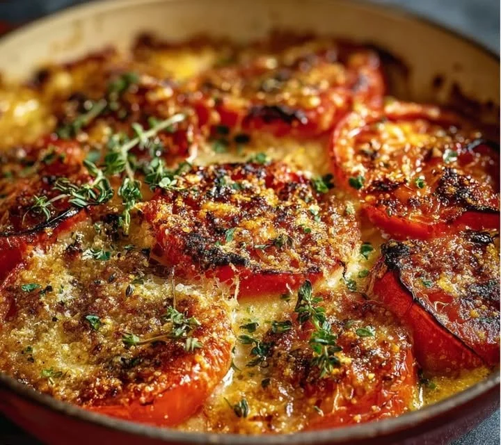 Tomates gratinées au parmesan présentées dans un plat savoureux et coloré.