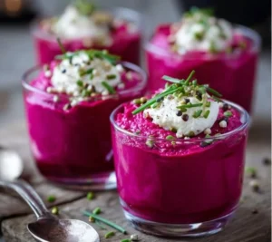 Verrines de mousse de betterave et feta, plat coloré et élégant pour apéritif.